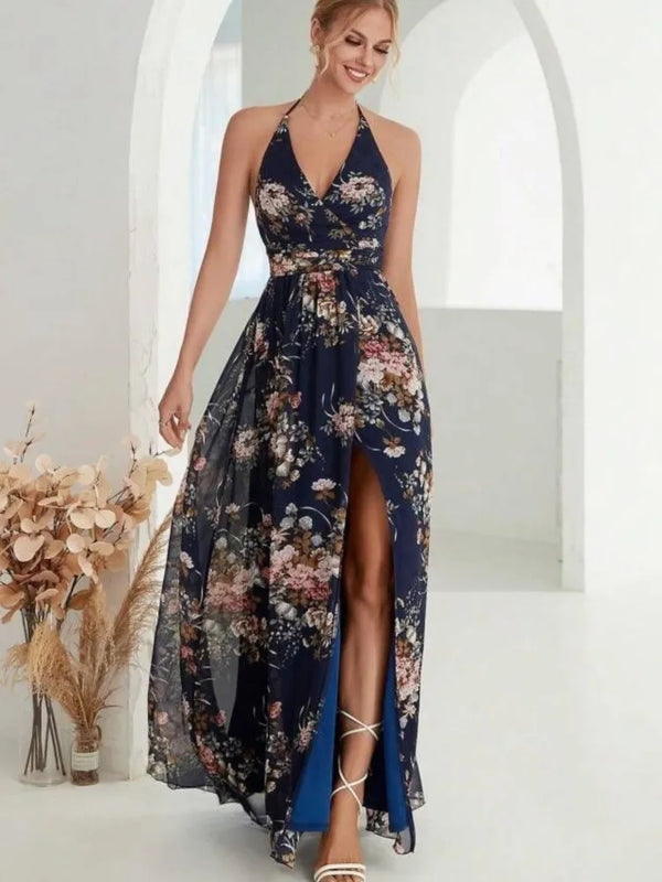 Elegant Flower Print Chiffon Dress for Women - Sexy Halter V Neck Backless Long Summer Fashion Party Dress